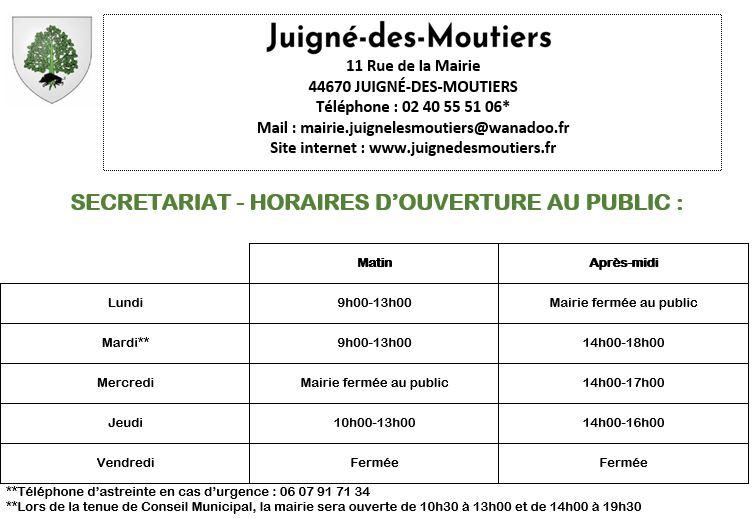 Horaires secretariat